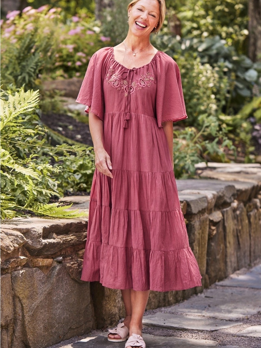 NWT April Cornell Boho Tiered Maxi Dress with Embroidered Rose Detailing XL